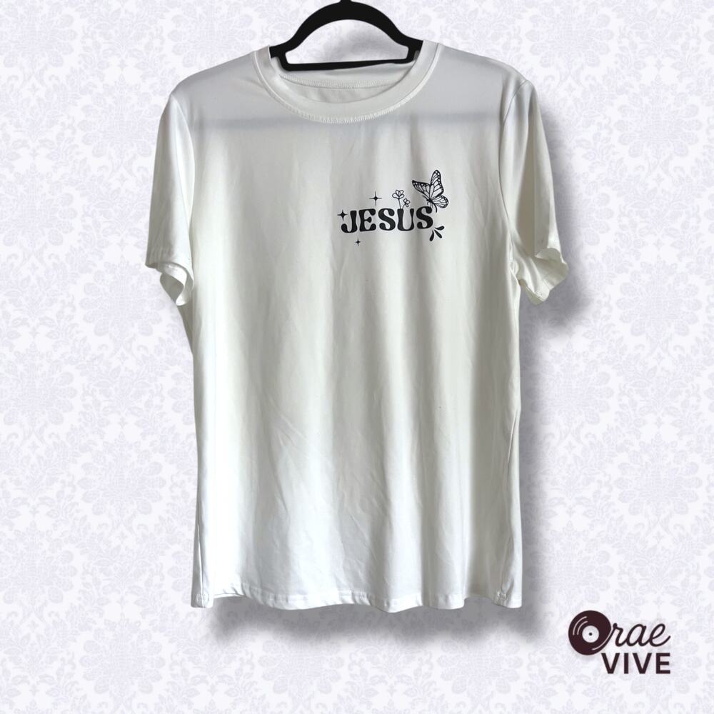 Christian Jesus Ivory Wildflower Butterfly Graphic Tee Shirt - Women's L/XL